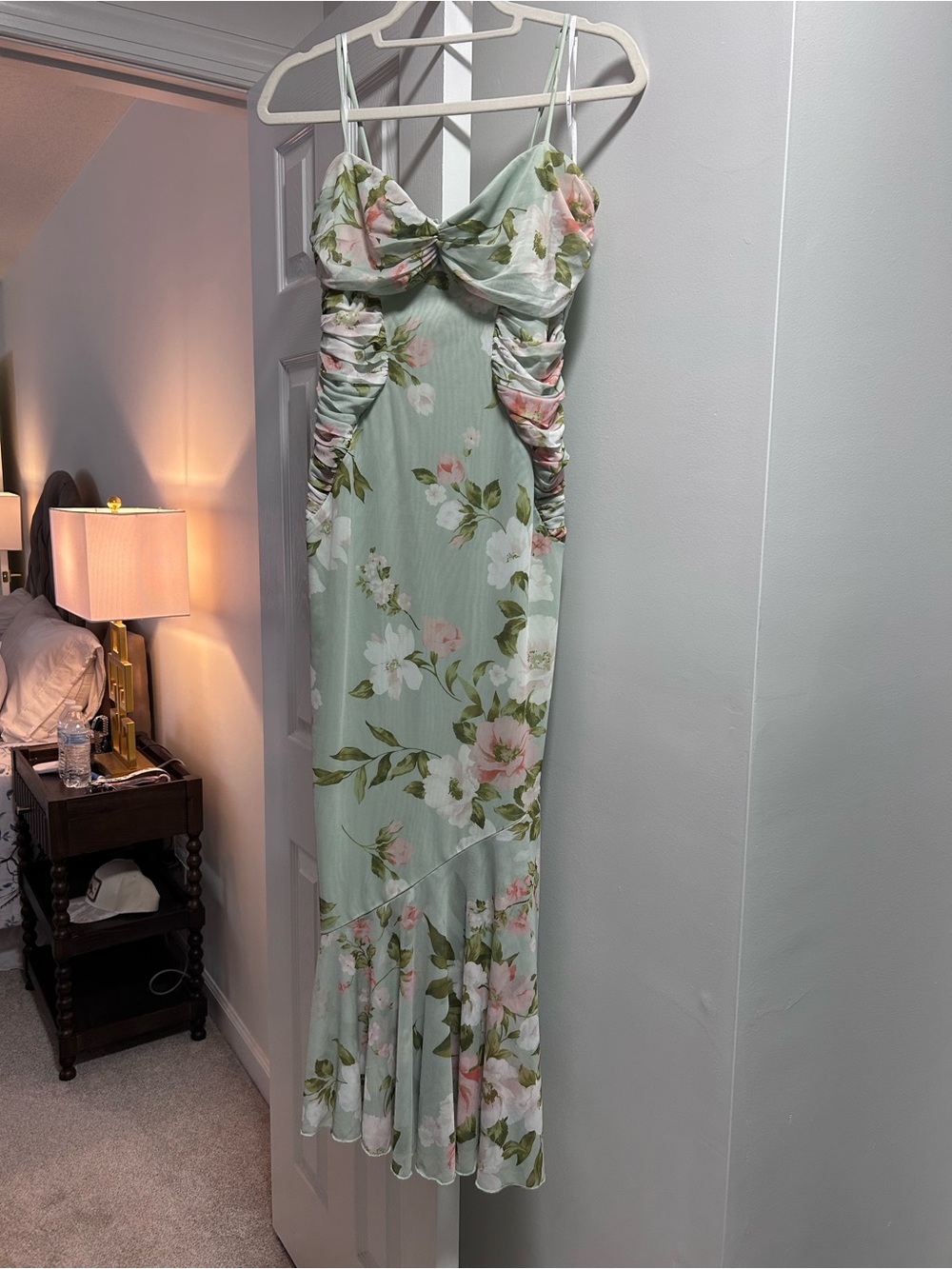 Lulu's Mint Green Floral Ruched Maxi Dress